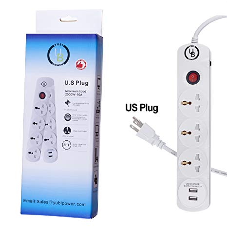 Yubi Power Universal Power Strip 3 Outlets with 1.1A Dual USB - 100V to 220V/250V and 2500 Watts Surge Protector - With circuit breaker -U.S. Cord For Worldwide Use