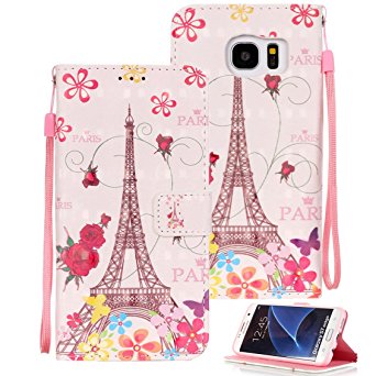 Galaxy S7 Edge Case, S7 Edge Case, Galaxy S7 Edge Wallet Case, Etubby [Wallet Stand] PU Leather 3D Painted Flip Protective Case with Card Slots & Wrist Strap for Samsung Galaxy S7 Edge - Eiffel Tower