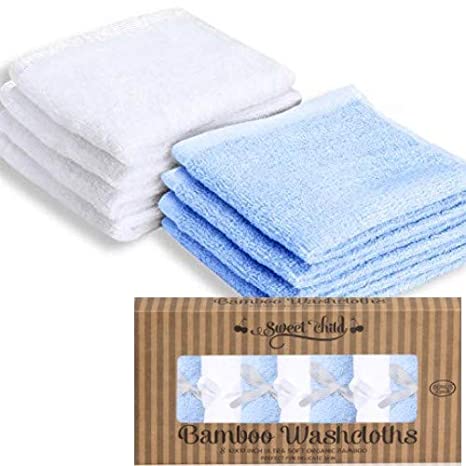 SWEET CHILD 100% Organic Bamboo Baby Washcloths(Bonus 8-Pack) (10"x10", Blue/White (1))