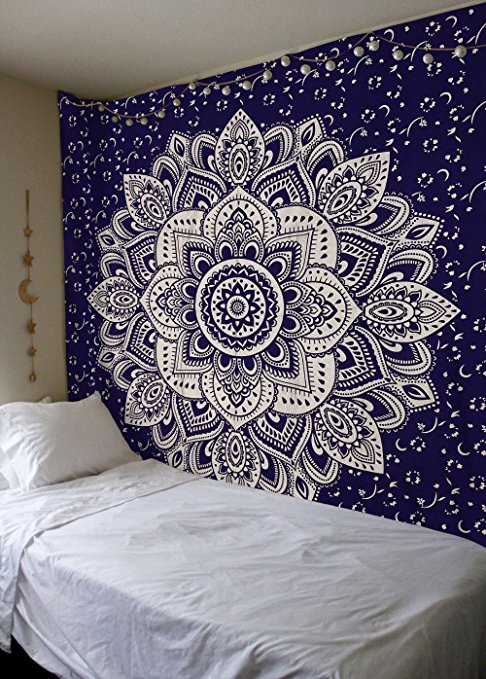 Exclusive " Orignal Blue Silver Ombre Tapestry by Labhanshi" , Mandala Tapestry, Queen Indian Mandala Wall Art Hippie Wall Hanging Bohemian Bedspread