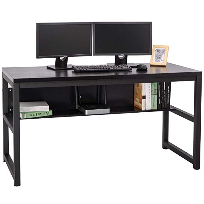 TOPSKY 55" Computer Desk with Bookshelf/Metal Desk Grommet Hole Wire Cover (Black   Black Frame)