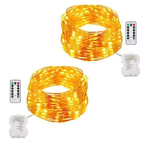 Fairy String Lights-2 Set,Needobi 33ft/100Leds Battery Operated Waterproof 8 Modes Twinkling LED String Lights Copper Wire Firefly Lights Remote Control for Festival Decoration Outdoor(Warm White)