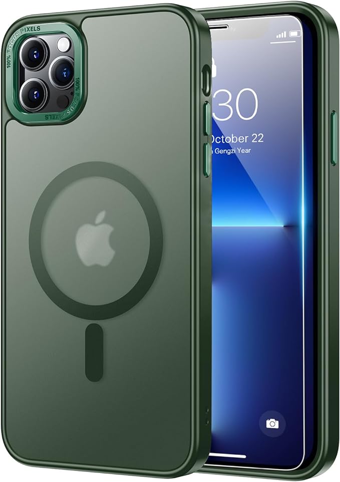 LUHOURI Enhanced Magnetic for iPhone 12 Pro Case,iPhone 12 Case with Screen Protector - Wireless Charging, Military-Grade Drop Tested, Slim Fit Shockproof Translucent Matte Cover - Pine Green