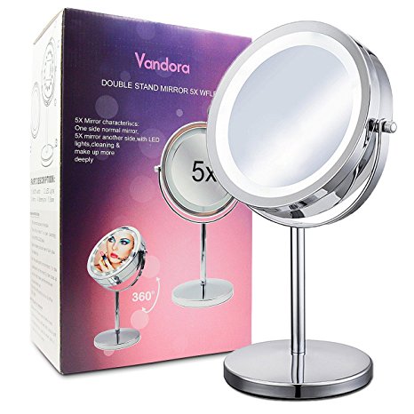 VANDORA Lighted Makeup Mirror, 13 In Circular Double-Sided Rotating Mirror with 5x Magnification Led Vanity Mirror, Silver