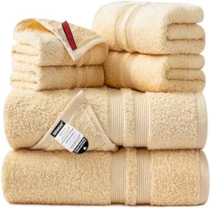 SEMAXE Solid 6-Piece Towel Set, Khaki, 600GSM 100% Cotton, 2 Each of Bath Towel, Hand Towel, and Washcloths, Gift Box Packaging, Hanging Loop Design, Nano-Bio Lifecycle Label