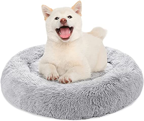 downluxe Small Dog Bed for Dogs and Cats, Fuzzy and Soft Calming Dog Bed, Fluffy Round Pet Bed with Non-Slip Bottom (23" Grey)
