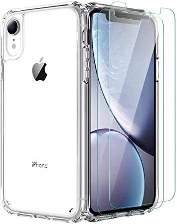 iPhone XR Case，[Airbag Series] with [2 x Tempered Glass Screen Protector] [ Military Grade ] | 15Ft. Drop Tested [Scratch-Resistant] | Wireless Charging | for Apple iPhone XR 6.1 Inc- Clear