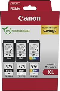 Canon PG-575 XL CL-576 XL Pack de 3 Cartouches Capacité XL (2x Noir XL 1x Couleur XL) Certifié Canon (Emballage Carton)