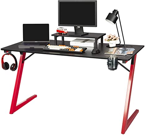 TOPSKY Gaming Computer Desk Home Office Gaming Table with Cup Holder Headphone Hook Z Shaped Leg(55”, Black Red)