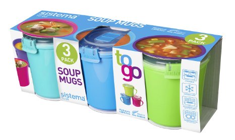 3 Sistema Klip It Single Microwave Soup to Go Mug, 656ml, Assorted Colours