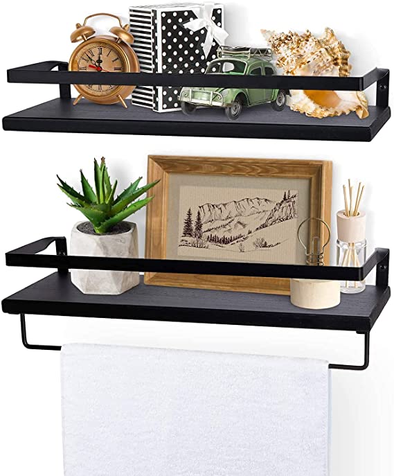 Biewoos Modern Floating Shelves with Rail， Wall Mounted Bathroom Wall Shelves with Towel Bar ，Also Perfect for Bedroom Decor and Kitchen Storage - Solid Paulownia Wood Shelf Set of 2 (Modern Black)