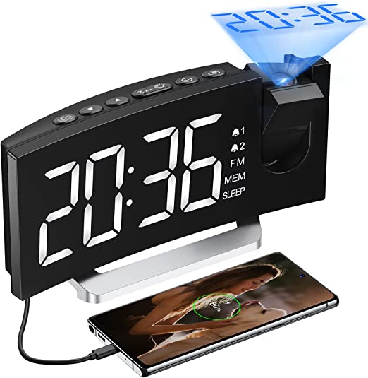 Projection Digital Alarm Clock for Bedrooms, FM Radio Alarm Clock, Dual Alarms with Snooze, USB Charging Port, 180° Rotatable, 6 Dimmer, 12/24 Hours, Clock Projector for Ceiling - Upgraded