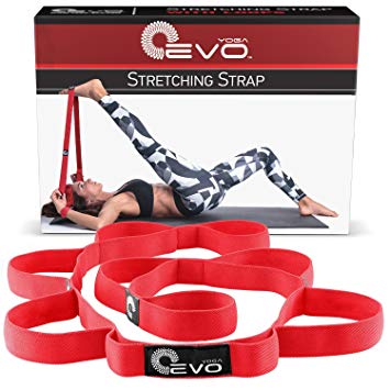 Yoga EVO Elastic Stretching Strap with 10 Flexible Loops   eBook & 35 Online Stretch Video Exercises and Pilates Workouts (Red)