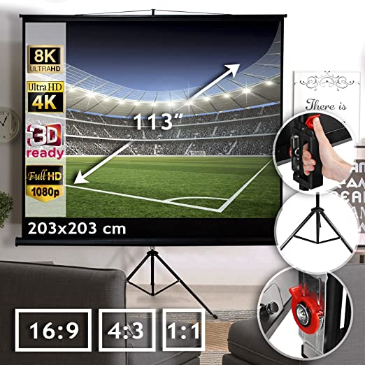 Projector Screen with Tripod - 203x203cm, 113 Inches, Portable, White Canvas, Format: 1:1, 4:3, 16:9, HD, indoor, outdoor - Cinema Movie Projection Screen, Projector Panel