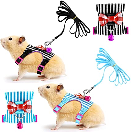 SATINIOR 2 Pieces Small Pet Harness with Bowknot and Bell Decor, No Pull Comfort Padded Vest Guinea Pig Striped Harness and Leash Set for Ferret, Rats, Iguana, Hamster, Bearded Dragon