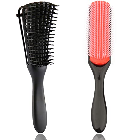 2 Pieces Detangling Brush Detangler 9-Row Cushion Nylon Bristle Styling Brushes for Shaping & Defining Curls Blow Drying Separating 3a to 4c Hair Kinky Wavy/Curly/Wet/Oil/Matted/Coily Hair (Black)