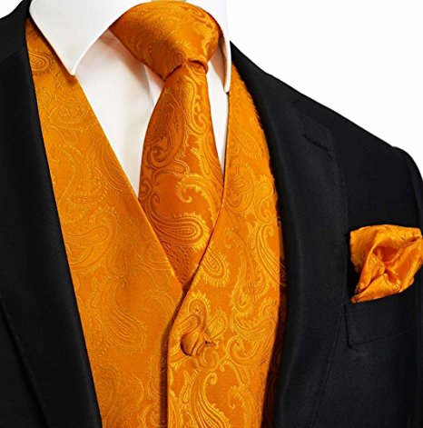 Brand Q Men's 3 Piece Paisley Vest, NeckTie and Pocket Square Set for Suit or Tuxedo