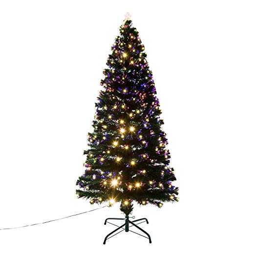 HomCom 7' Warm White 280 LED Artificial Christmas Tree w/Fiber Optics