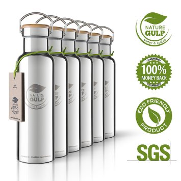 NATURE GULP Support disabled sportsmen Stainless steel water bottle 600 ml Eco water bottle Thermos drink flask Bamboo Lid with airtight Vacuum double walled Insulation leak proof Metal mirror finish
