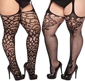 TGD Womens Plus Size Fishnet Stockings Tights Suspender Pantyhose Thigh High Stocking Black 2-Pairs