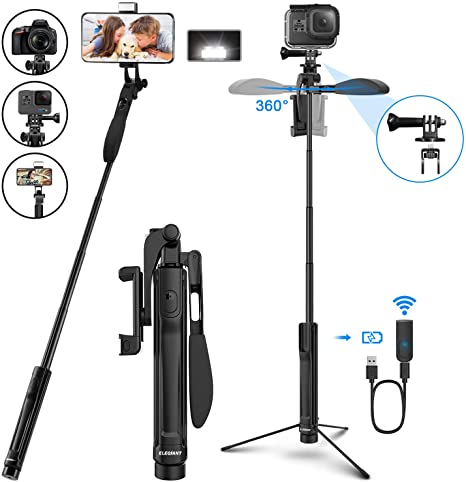 Selfie Stick Tripod, ELEGIANT Extendable Phone Tripod Stand for Phone and Camera with Bluetooth Remote, LED Light, Balance Handle Compatible with iPhone 11 Pro Xs Xr Android Galaxy S20 DSLR Gopro More