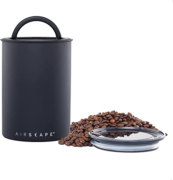 Airscape Stainless Steel Coffee Canister | Food Storage Container | Patented Airtight Container Lid | Push Out Excess Food Storage Air and Preserve Food Freshness (Medium, Matte Black)