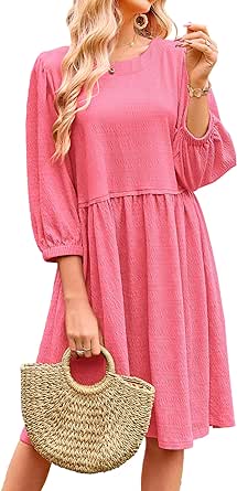 BTFBM Women Casual Summer Dresses 2024 Crew Neck 3/4 Puff Sleeve Tunic Dress Textured Loose Flowy Mini Babydoll Dress