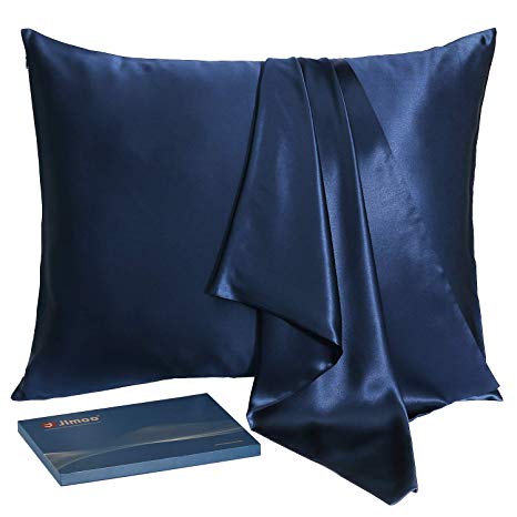 J JIMOO Natural Slip Silk Pillowcase,for Hair and Skin with Hidden Zipper,22 Momme,600 Thread Count 100% Mulberry Silk (King 20''×36'', Navy Blue, 1 Piece)