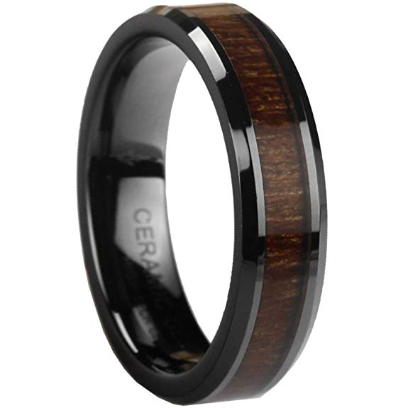 Black Ceramic Ring with KOA Wood Inlay by Ceramic GESTALT - 6mm. Comfort Fit.