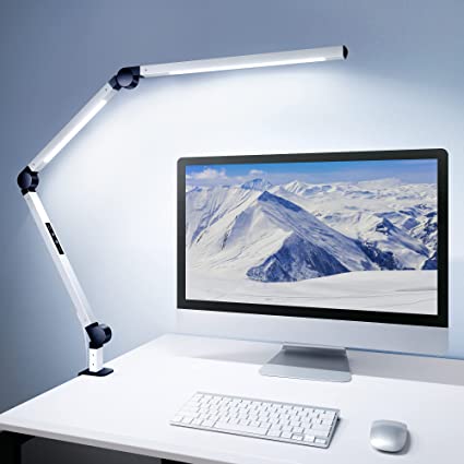 LED Desk Lamp with Clamp, Dual Light Desk Lamp with Swing Arm, Dimmable 4 Color Modes & 4 Brightness Table Lamp, Eye-Caring Clip-on Lamp with Memory Function for Home Office Work Study Reading, White