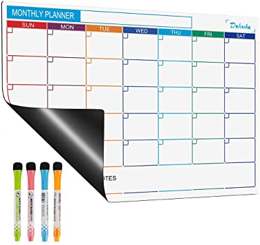 Magnetic Dry Erase Calendar Whiteboard for Fridge, 17"x 12" Monthly Planner with 4 Fine Tip Markers for Refrigerator