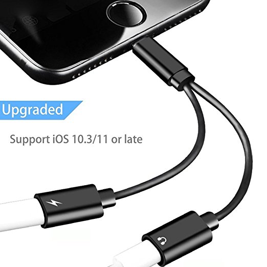 iPhone 8 Adapter, Assrid Dual Lightning Headphone Audio & Charge Adapter Splitter for iPhone X, iPhone 8/8Plus, iPhone 7/7Plus, Support for iOS 10.3 and Later (Black)