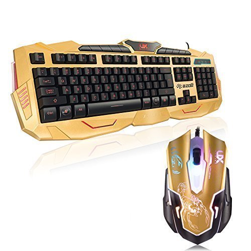 Gaming Keyboard and Mouse - USB Backlit Keyboard and DPI Governor - Spill Resistant - Gold