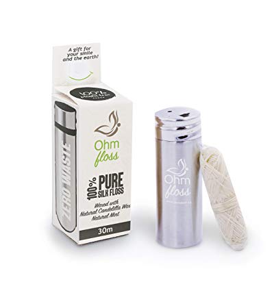 OhmFloss – 100% Biodegradable Dental Floss with Stainless Steel Refillable Holder – Naturally waxed with Candelilla – 33 yds/30m Natural Silk Spool – Eco-Friendly Zero waste Oral Care – Natural Mint