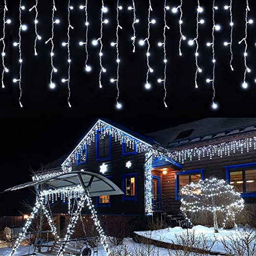 AmyHomie Christmas Lights 400 LED Icicle Lights, 8 Modes White Icicle Lights Outdoor with 75 Drop, Indoor Curtain Fairy Halloween Lights for Wedding Party Holiday Christmas Decorations