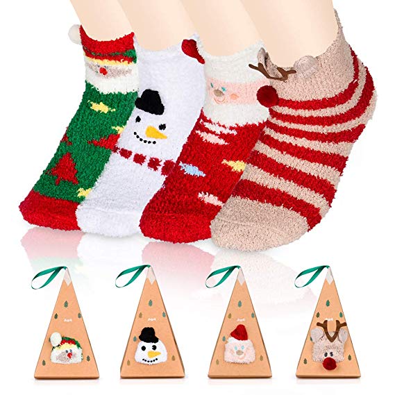 Binken Christmas Socks, Christmas Socks Women Christmas Slipper Socks Women Christmas Socks Cute Fuzzy Socks Girl Winter Casual Sock Men Lady Boy Unisex Funny Colorful Socks (4 Pair)