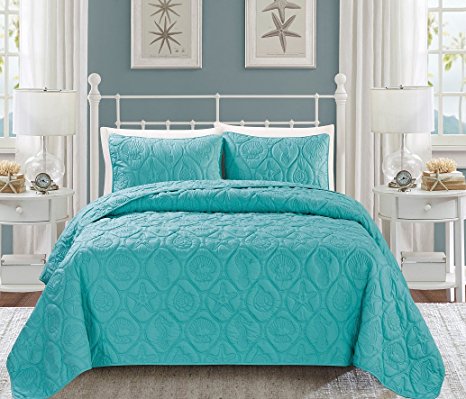 3-Piece Marine QUEEN / FULL Bedspread Turquoise Blue Coverlet Embossed Bed Cover set. Sea Shells, Sea Horse, Starfish etc.