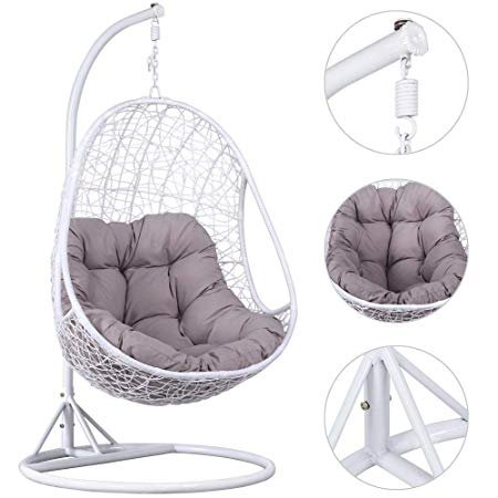 Yaheetech Hanging Rattan Swing Chair With Soft Cushion armrest design Outdoor&Indoor Garden Patio Furniture Sand White