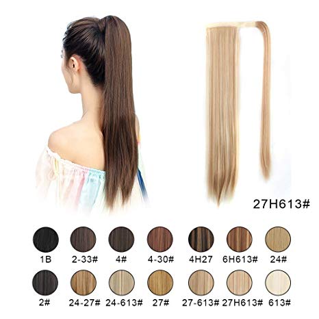BARSDAR 26" Long Straight Ponytail Extension Wrap Around Synthetic Ponytail Clip in Hair Extensions One Piece Hairpiece Binding Pony Tail Extension for Women (27H613#Strawberry Blonde mix Bleach Blond