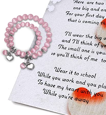 ORIENTAL CHERRY Back to School Gifts - First Day of School Mommy & Me Bracelets with Poem Card - Mother Daughter Matching Heart Bracelets Set for 2 - Anxiety Seperation Present Preschool Kindergarten