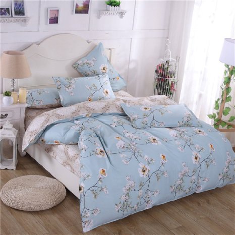 InfiniteS 3 Pieces Printed Duvet Cover Sets of 1 Piece Duvet Cover and 2 Pieces Pillow Shams (Not Including Comforter) (King 3pcs, Blue with Floral)