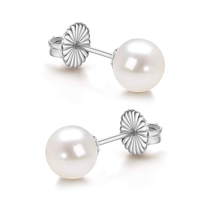 Classic Gold Plated Sterling Silver Round White Simulated Pearl Stud Earrings for Women