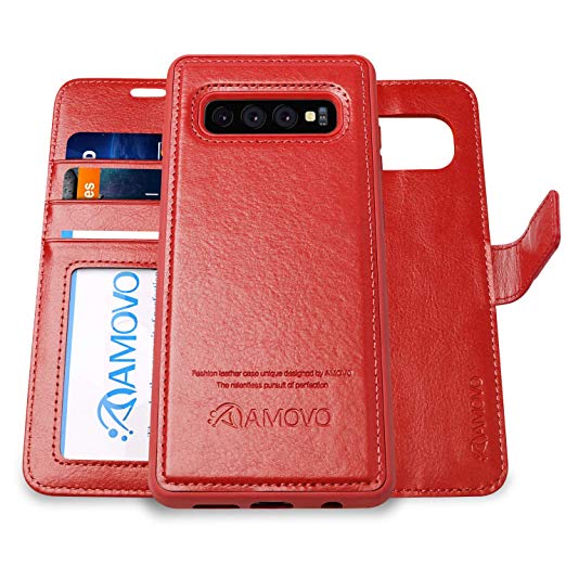 AMOVO Case for Galaxy S10 (6.1’’) [2 in 1] Samsung Galaxy S10 Wallet Case Detachable [Vegan Leather] [Wrist Strap] [Kickstand] Samsung S10 Folio Flip Case with Gift Box Package (S10 (6.1'') Red)