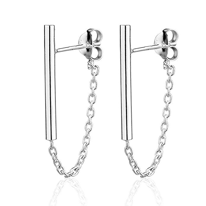 925 Sterling Silver Minimalist Simple Thin Line Bar Post & Dainty Dangle Chain Jacket Stud Earrings