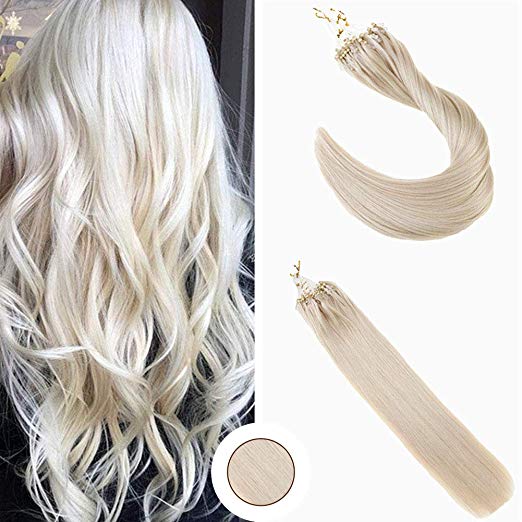 Ugeat 16inch 100Gram Human Hair Extensions Color #60 White Blonde Hair Extensions Human Hair Micro Ring Extensions Straight Hair