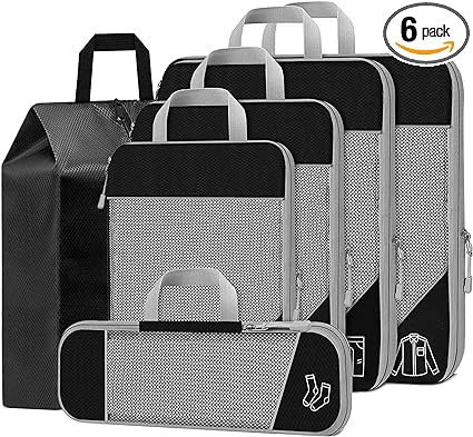 Nestling 6 Set Compression Packing Cubes, Packing Cubes for Suitcases, Suitcase Organiser Bags Set for Travel, Expandable Luggage Travel Bags Organiser Cube Accessories for Women/Men (Black)