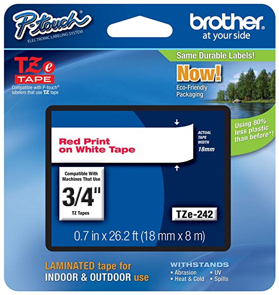 Brother P-touch Genuine TZe-242, ~3/4" (0.7") Red on White Standard Laminated Tape–26.2 ft(8m)(TZE242)