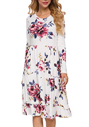 levaca Women's Floral Fall Long Sleeve Ruffle Loose Swing Casual Midi Dress