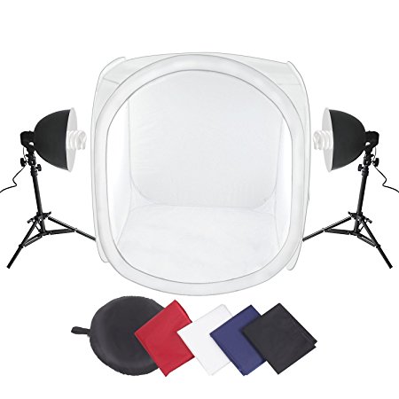 Amzdeal Photo Studio 32"x32" Shooting Tent Light Cube Kit with 2x45W 5500K Light Bulb   2x40 adjustable Light Tripod Stand   4 Colors Backdrops (Red Dark Blue Black White)