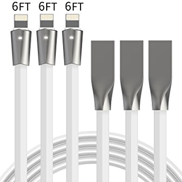 Aimus Lightning Cable iPhone Charger 3 Pack 6FT W/ LED Light Flat High Speed Charging USB Cord for iPhone Charger X/8/8 plus/7/7 Plus/6s/6s Plus/6/6 Plus/5/5S/5C/SE/iPad Air/Mini and iPod (White)